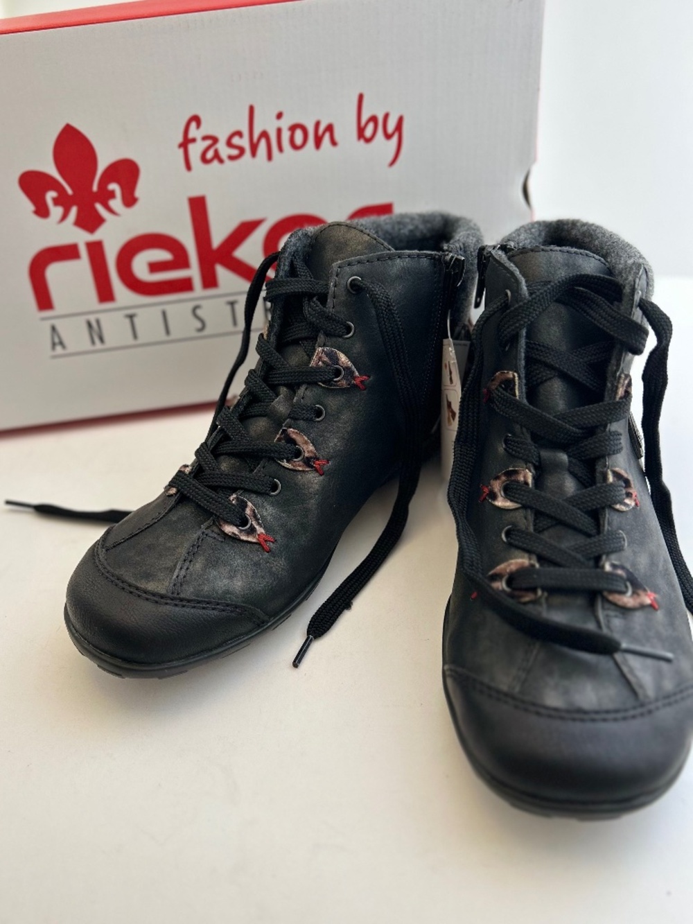 Rieker Antistress Black Leather Leopard Trim Fleece-Lined Winter Bootie